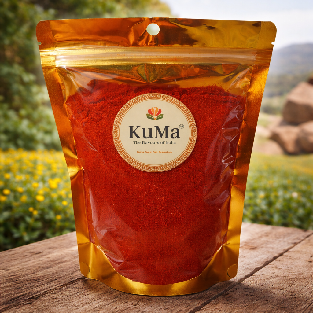 KuMa red chilli powder pack with fresh red chillies